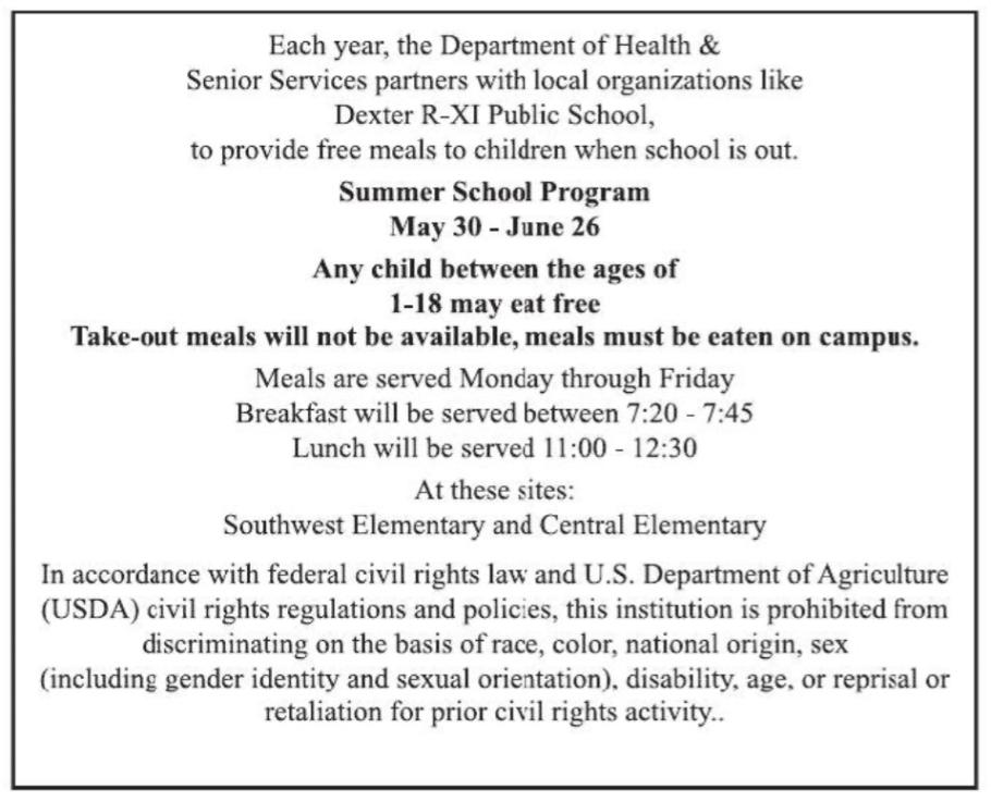 Free Meals Available for Students in Summer School Program