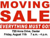 Large Moving Sale at 720 Anna Drive in Dexter on Friday Only